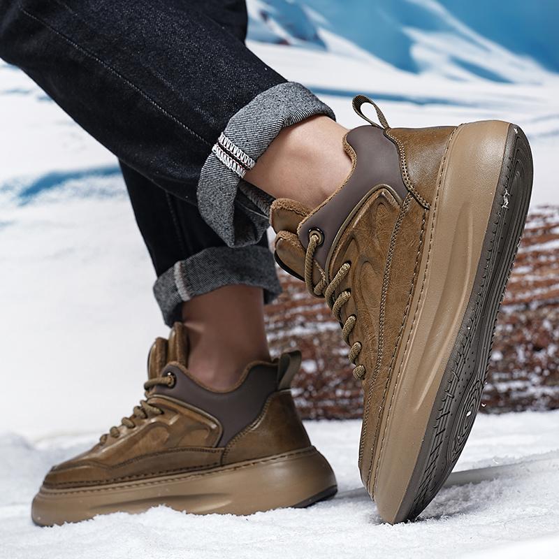 Fashion Mens Winter New Fashion Leather Shoes High Quality Non-Slip Heels Men's Work Shoes Outdoor Thick Bottom Warm Mens Sneakers