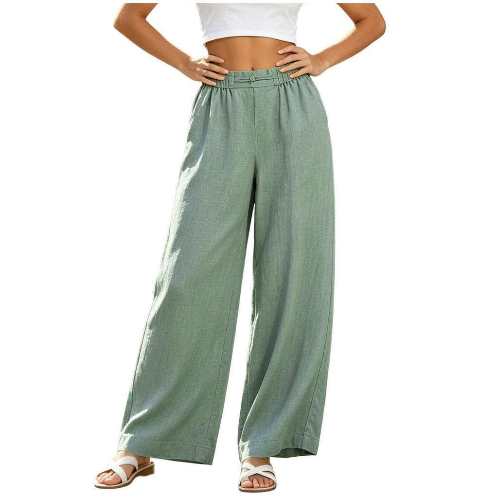 Women Casual Loose Fit High Waist Linen Blend Wide Leg Pants with Pockets Elastic Waistband for Everyday Wear