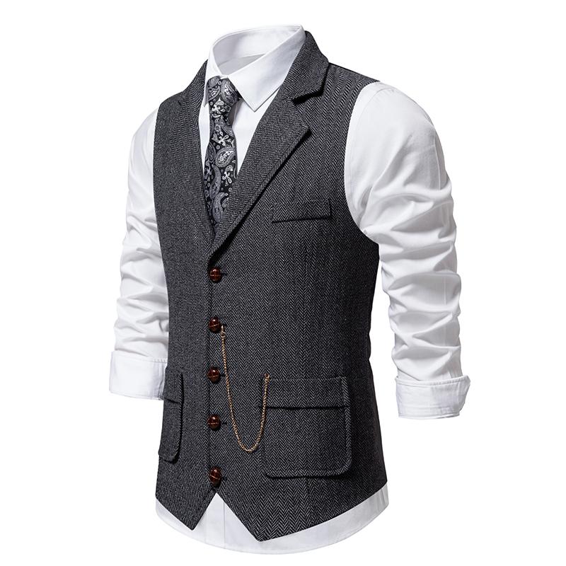 Pánská retro vesta s klopou řetízku móda rybí kost hrubý tvíd kapsy vesta britská ležérní vintage gentleman volný čas párty