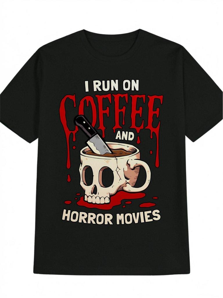 Women's Plus Size Graphic T-Shirt Casual Crew Neck Tshirt Printed with the Words I Run on Coffee And Horror Movies Lightweight Summer Tshirt Regular F