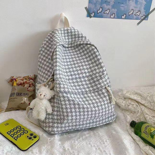 Chic Houndstooth Backpack For Women Korean Style High School College Girl Casual Trendy Bag