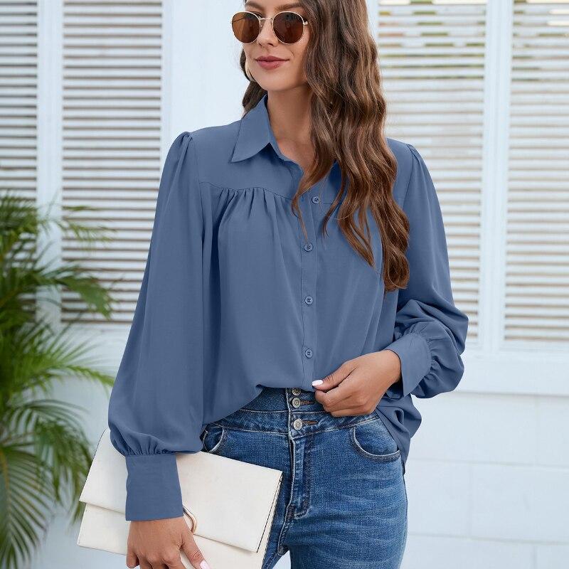 Lantern Sleeve Chiffon Shirt Women Casual Loose White Blouse Ladies Pleated Solid Tops Fashion Womens Clothing 2026 Blusa 24751