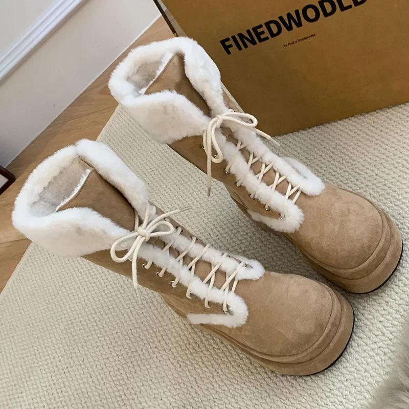 Comemore Women's 20245 Autumn and Winter Thick Soled Plush Warm Mid Length Lace Up Short Cotton Shoes with Fur and Snow Boots