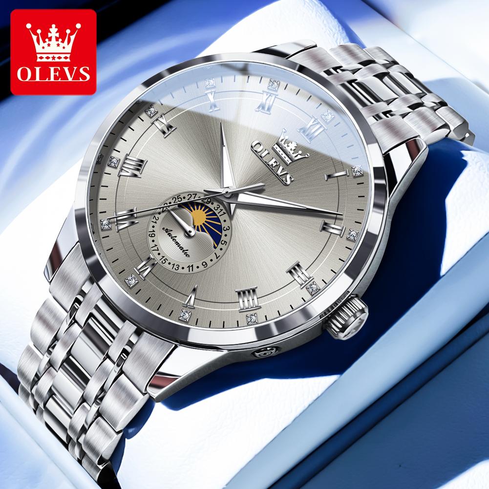 OLEVS 7063 Moon Phase Automatic Mechanical Men's Watches Stainless Steel 30M Waterproof Luminous Watch Original Luxury Man Watch