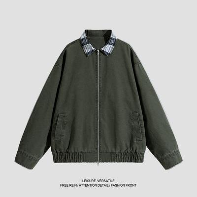 Retro Jacke Herren Frühling und Herbst Kariert Revers Reine Baumwolle Arbeitskleidung Waschen Alte Jacke Lockeres Oberteil