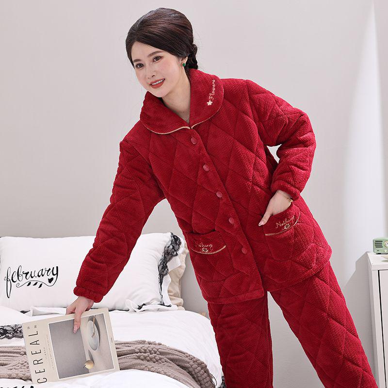 Damen Winter Korallfleece Gesteppter Pyjama - Dickes Flanell Warmes Hausanzug-Set für Mittelalte und Ältere Mütter