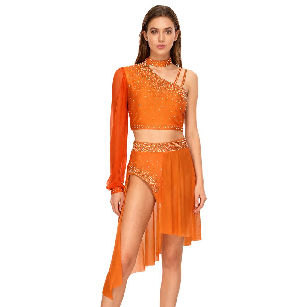 Dames Lyrische Dans Outfit Glanzend Strass Asymmetrische Crop Top Hoge Taille Slipje Korte Broek Chiffon Rok Kostuum