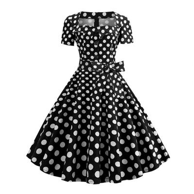 Kadın Elbise Kare Yaka Kısa Kollu Retro 1950'ler A Kesim Büyük Etek Düğme Dekor Nokta Baskı Renk Eşleştirme Orta Bel Kemerli Fiyonk Dekor