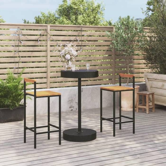 VidaXL Ensemble de bar jardin 3 pcs noir poly rotin/bois massif acacia, ensemble de table de bar, table et chaise de bar de 3187718