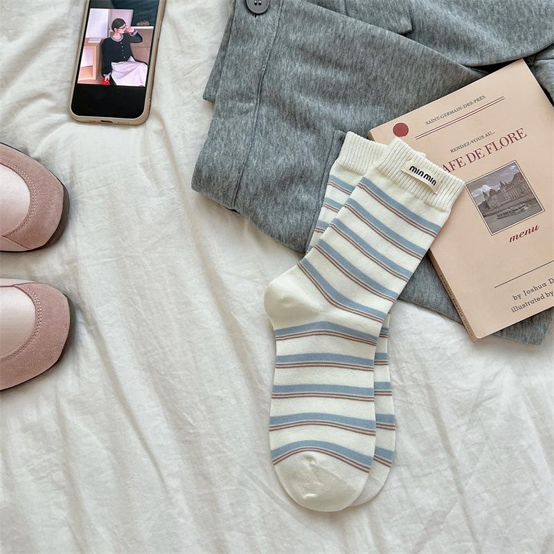 Gestreifte Stoffetikett Socken, Damen Mittelschaftsocken, Trendige Reine Baumwolle Frühling und Herbst Color-Blocked Socken, Winter Frottee Lange Socken