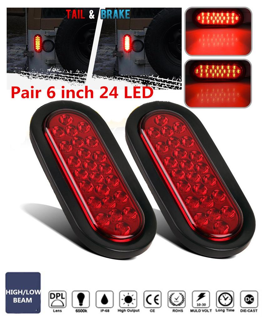 Universal 2X Oval Brake Stop Tail Fog Drl Turn Sealed Marker Lights Flush Mount 6" Inch 24 Led Truck Trailer Boat Utility Red Lens Waterproof 12V