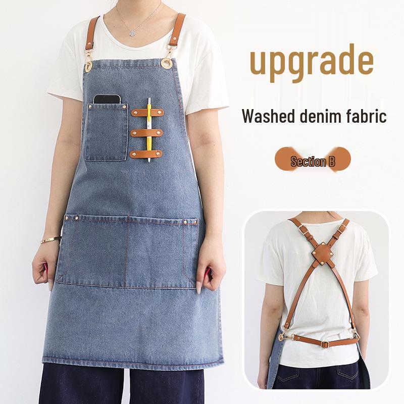 Washable Denim Apron: Durable Workwear for Coffee, Milk Tea, or Florist Shops with Custom Logo Option