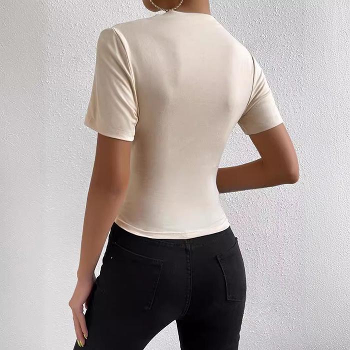 Ladies Summer Short Sleeve High Collar Solid Color Slim Fit Bodycon Pullover Casual Pleated T Shirt Top