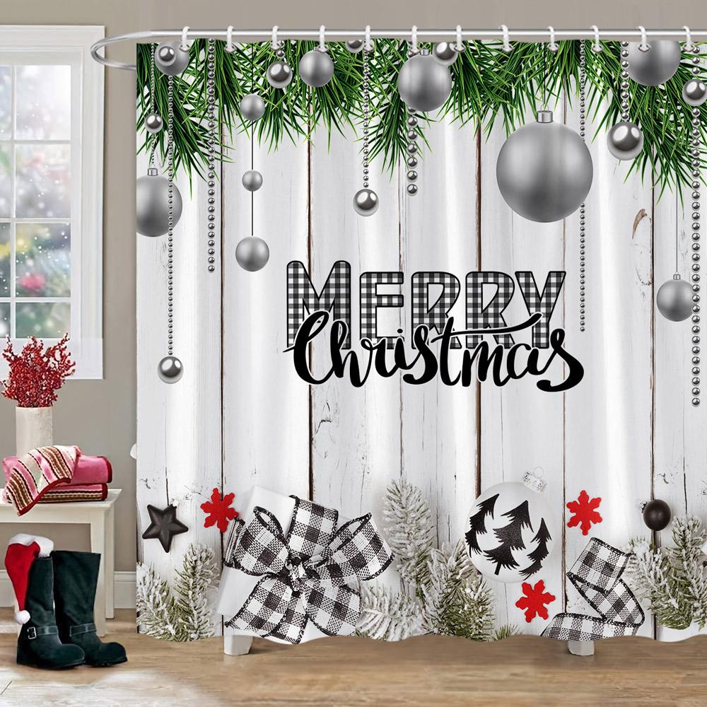 Winter Christmas Shower Curtain Red Truck Snowman Reindeer Snowy Farmhouse Bath Curtain Washable Polyester Fabric Bathroom Decor