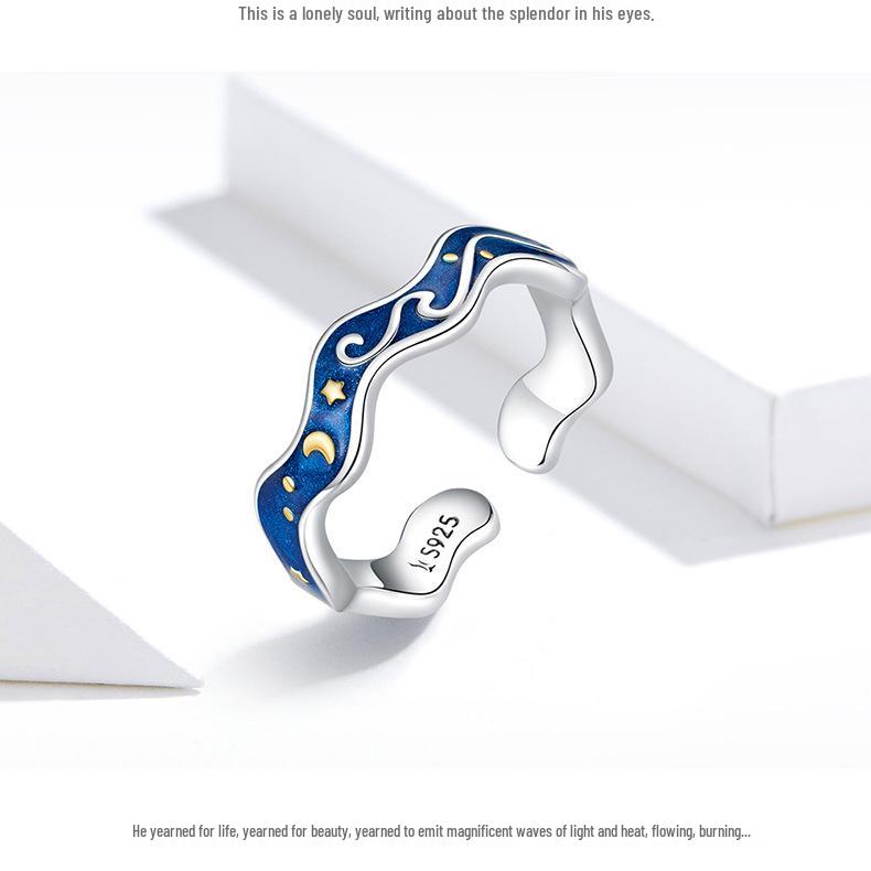 Everle Blue Starry Sky Sterling Silver Gold-Plated Open Ring S925