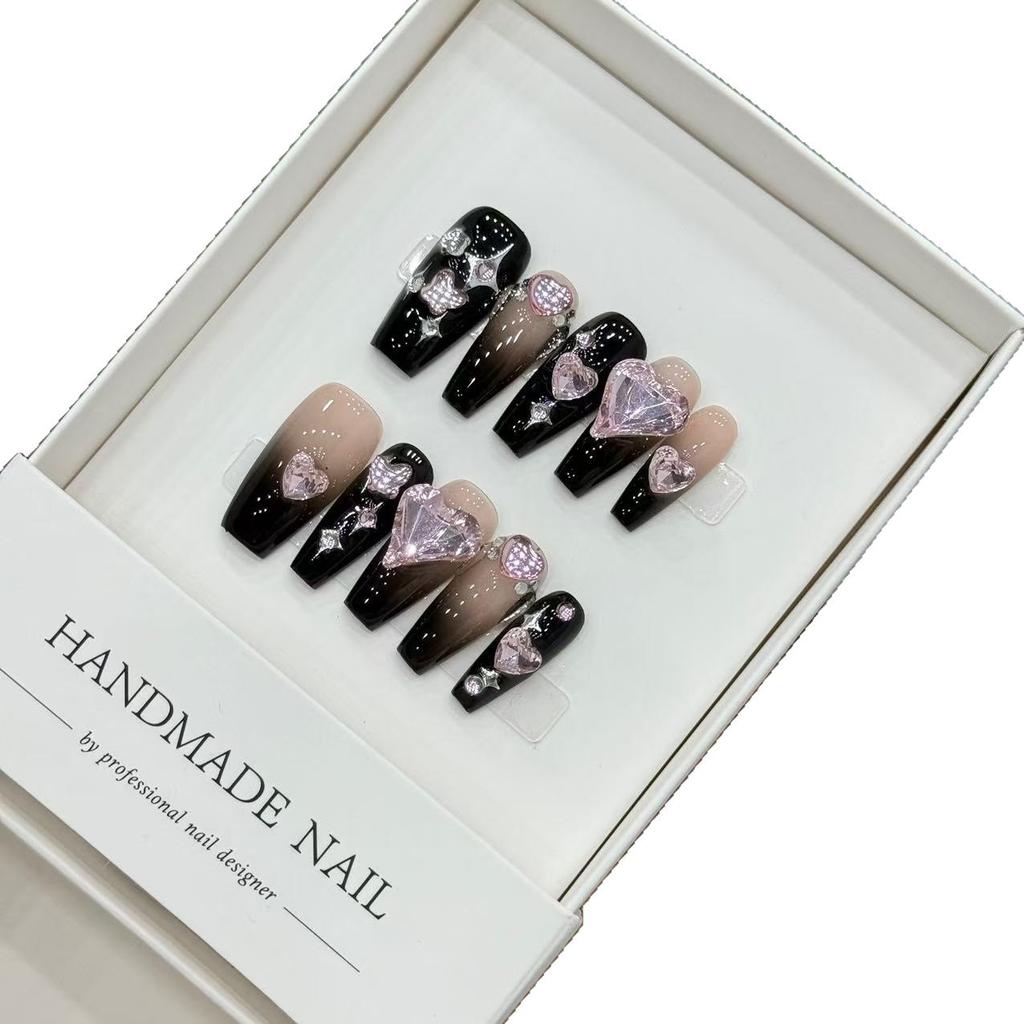 Handmade Cat Eye Coffin Almond French Coffin False Nails Pink 3D Flower Press Nail Sticker Design Acrylic Artificial Fingernails