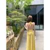 Summer French Plaid V-neck Halter Maxi Dress - Yellow Beach Style with Slim Waist