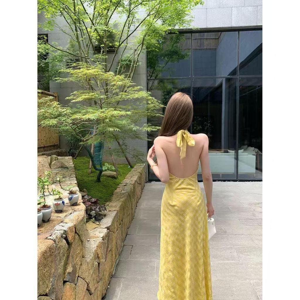 Summer French Plaid V-neck Halter Maxi Dress - Yellow Beach Style with Slim Waist