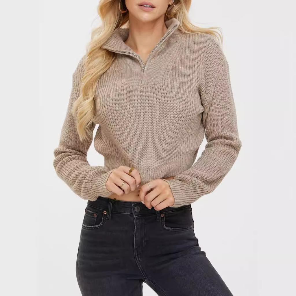Einfarbiger Reißverschluss-Pullover für Damen im Herbst und Winter, schlanker V-Ausschnitt, langärmliger Pullover
