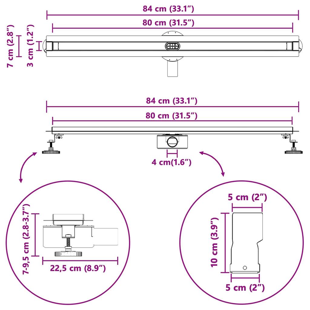 360 degrees  Shower Drain with Slim Design Silver 80 cm Stainless Steel 304