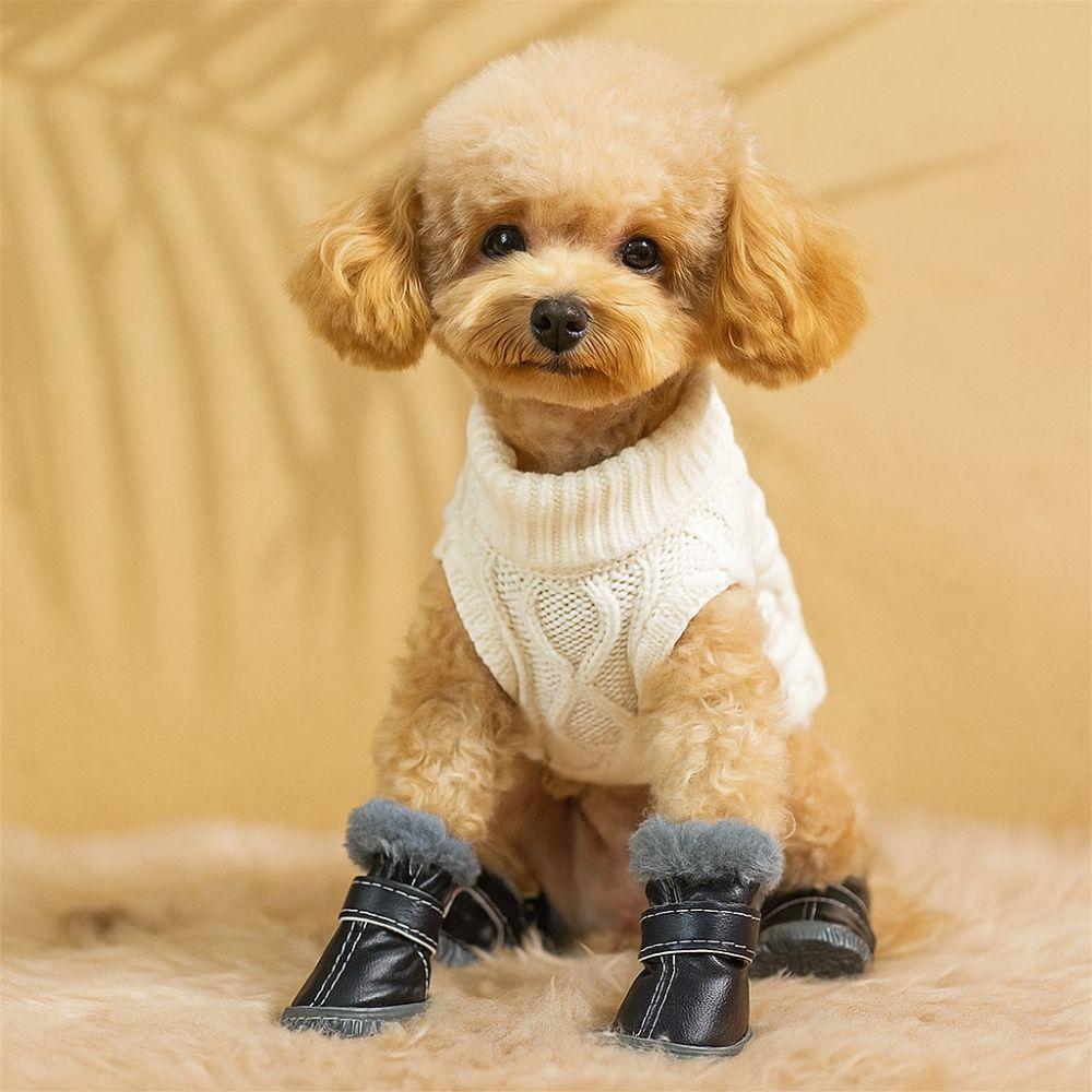 4PCS Plush Winter Pet Dog Shoes Non Slip Rubber Soles Dog Snow Boots Wear-resistant PU Leather Dog Fleece Shoes Winter Season