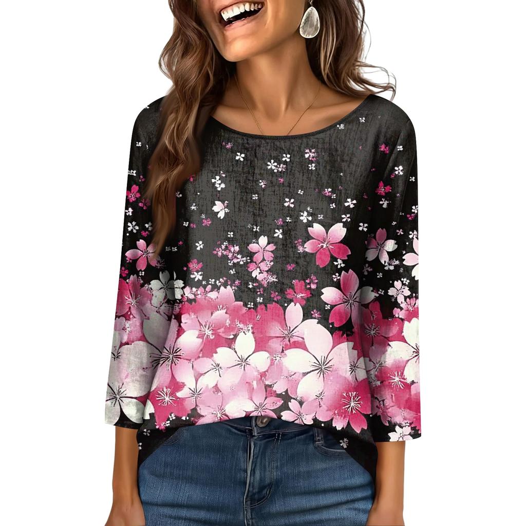 Women's Fashionable Casual Round Neck  3/4 Sleeve  Printed T-Shirt Top