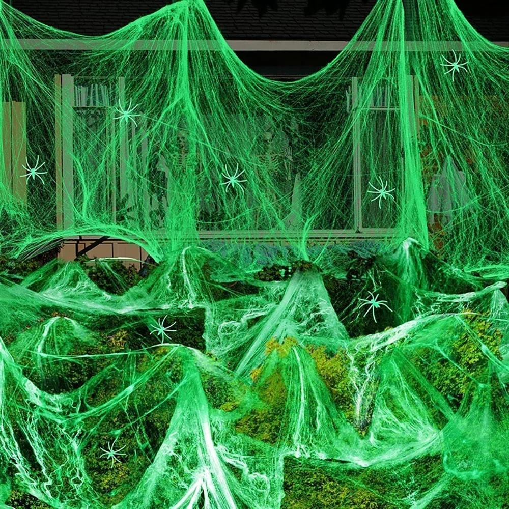 Outdoor Horror Haunted House Decor Props Luminous Spider Web,Stretchy Artificial Cobweb with Fake Spiders,Halloween Decorations