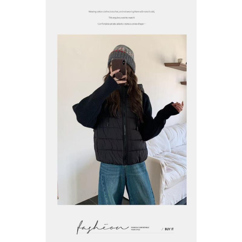 Women Loose Hooded Thickened Knit Sleeve Spliced Padded Winter Cotton Coat