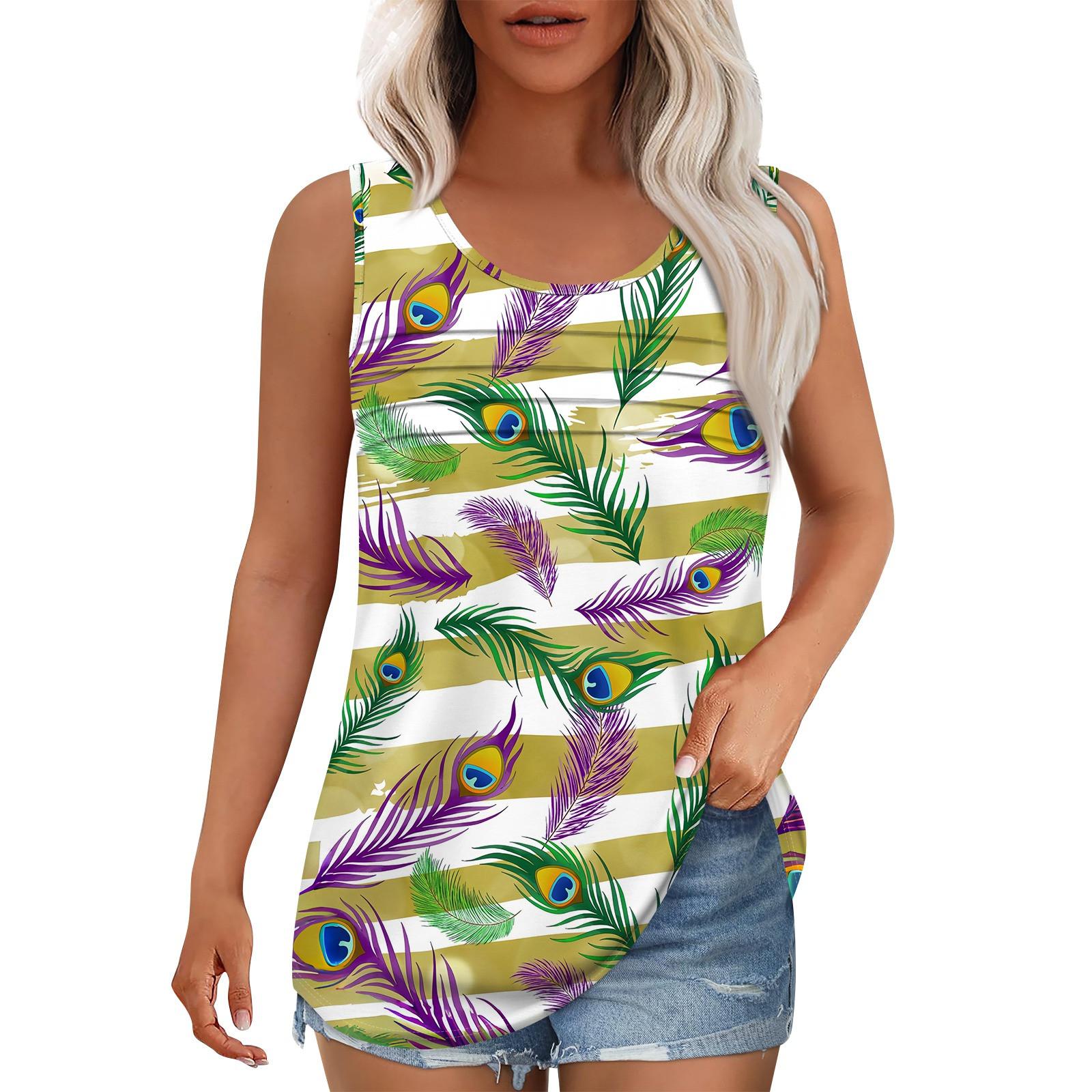 

Майка для женщин Летние наряды Без рукавов Блузки с принтом Повседневные свободные рубашки Округлый вырез Складки спереди XL жёлтый