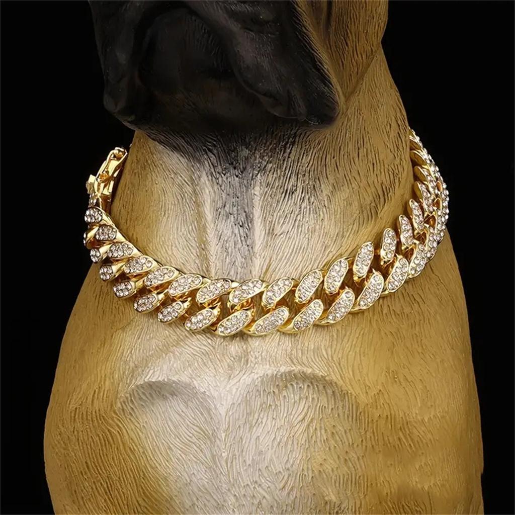 New Style Pet Collar Necklace Cat Dog Full Diamond Cuban Chains Dog Chains Lock Buckle Gold Silver Rose Gold Pet Supplies