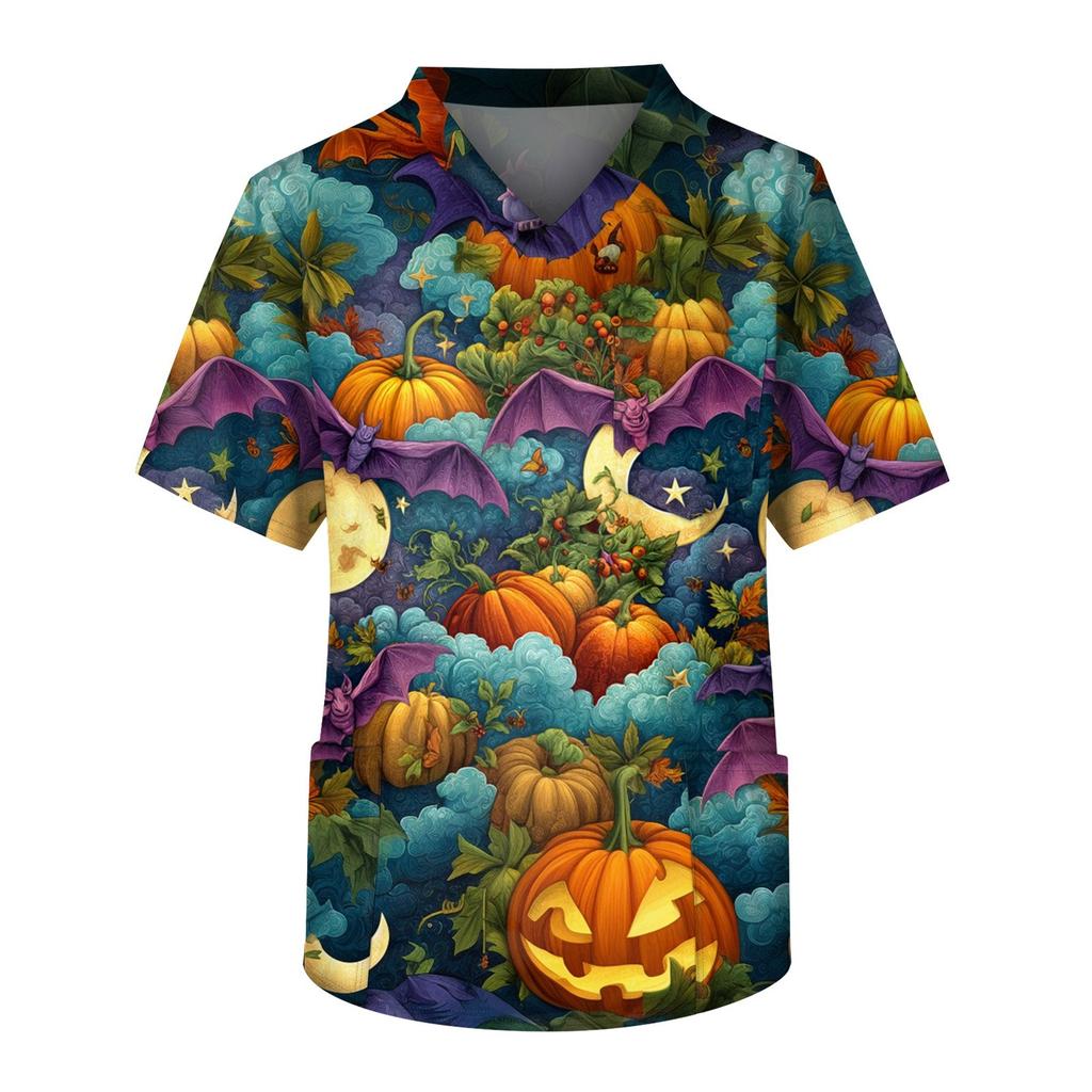 Men's Short Sleeve V-Neck Halloween Print Chest Pocket Care Top