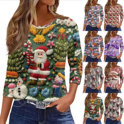 Women's Fashionable Casual Three Quarter Sleeve Christmas Printed Round Neck Top