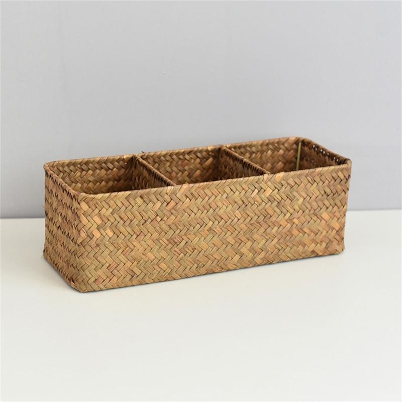 Storage Basket Sea Grass Stationery and Makeup Box Desktop Organizer Box with Compartments for Office and Home Use