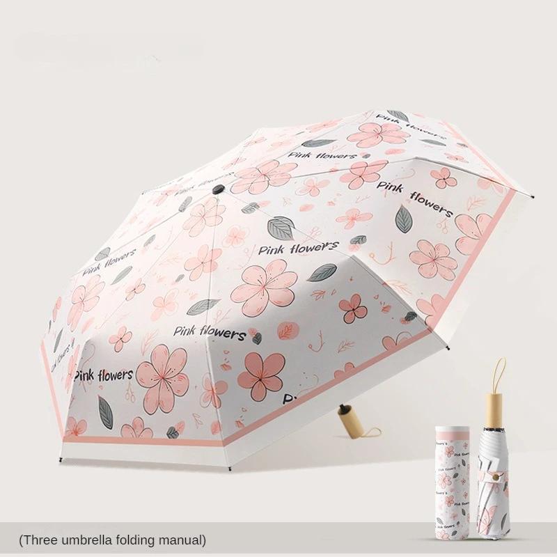 

Маленький свежий зонт с принтом и деревянной ручкой, трехслойный черный купол, защита от солнца и УФ-излучения