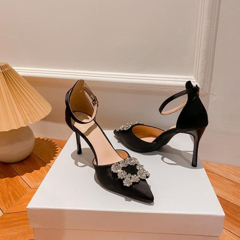 

rv high heels black one-word buckle sandals spring and summer new pointed head bag head rhinestone square buckle hollow shallow mouth 39