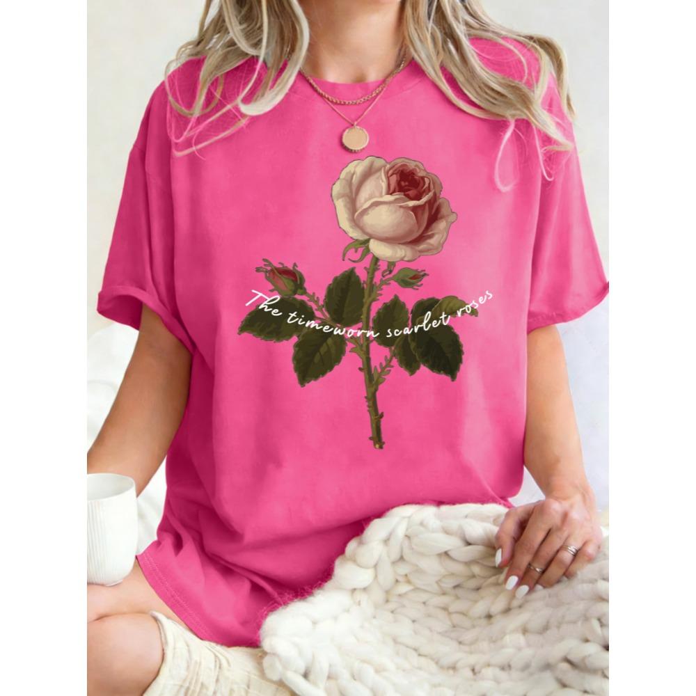 The Timeworn Scarlet Roses Design Women T-Shirt Casual Loose T Shirts Cotton Y2K Trendy Tops Comfortable Short Sleeve