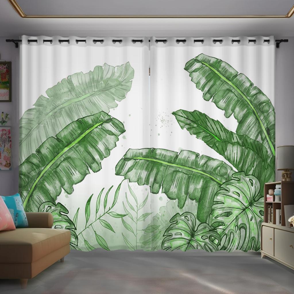 Nordic Tropical Green Plant Banana Leaf Custom Curtain Balcony Bedroom Bay Window Living Room Decor Grommet Top Rod Pocket Hook