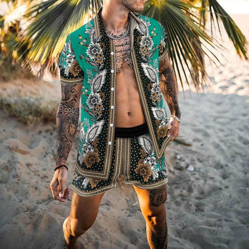 2022 Summer European & American Men's Casual Loose Short-sleeved Shirt & Shorts Beach Set