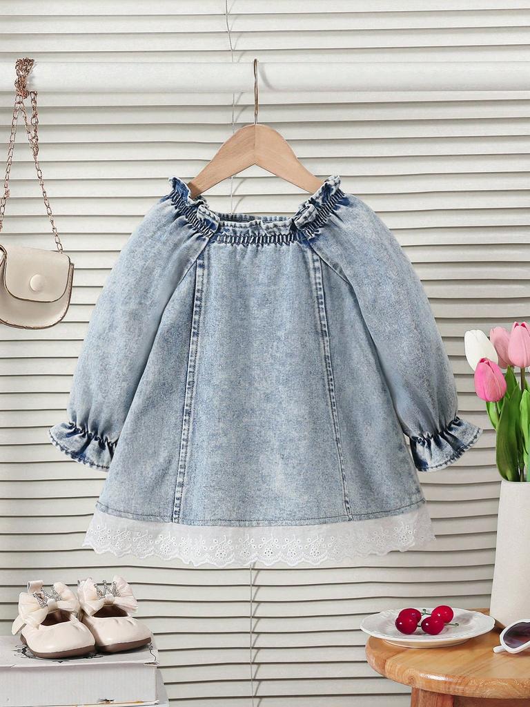Girls Embroidered Denim Dress Ruffled Collar Bow Design Hollow Lace Hem Cute Casual Durable Soft Fabric Breathable for All Seasons Occasions