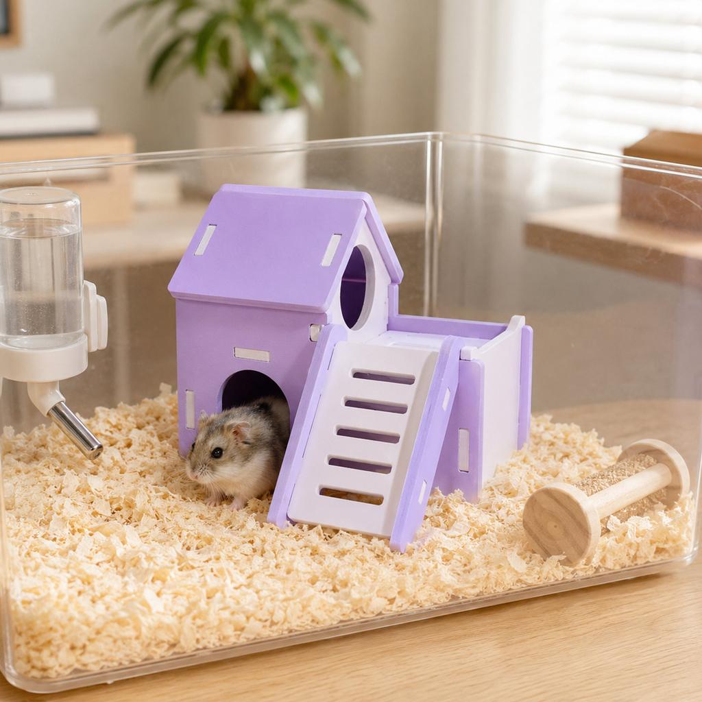 Hamster Habitat Wooden Small Animal House with Ramp and Multiple Levels for Small Pets Indoor Use Suitable for Hamsters Gerbils and Mice