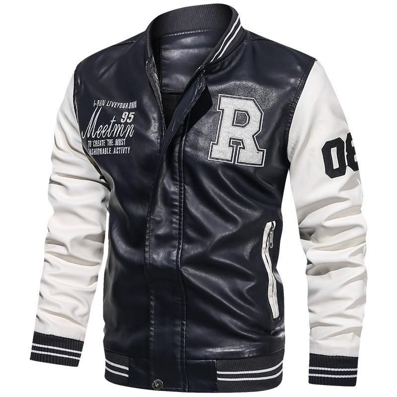 Young and Middle-aged Baseball Jersey Autumn and Winter Men's Fleece PU Leather Jacket Trendy Motorcycle Jacket