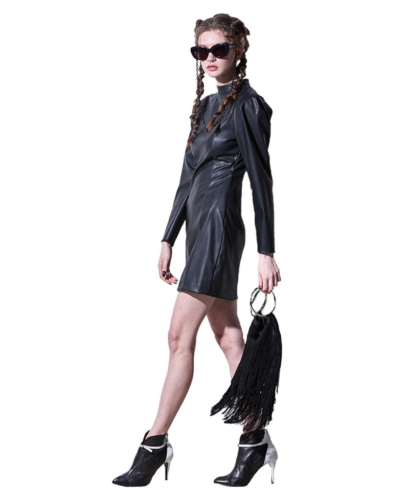 Greedius Leather Puff Sleeve Dress