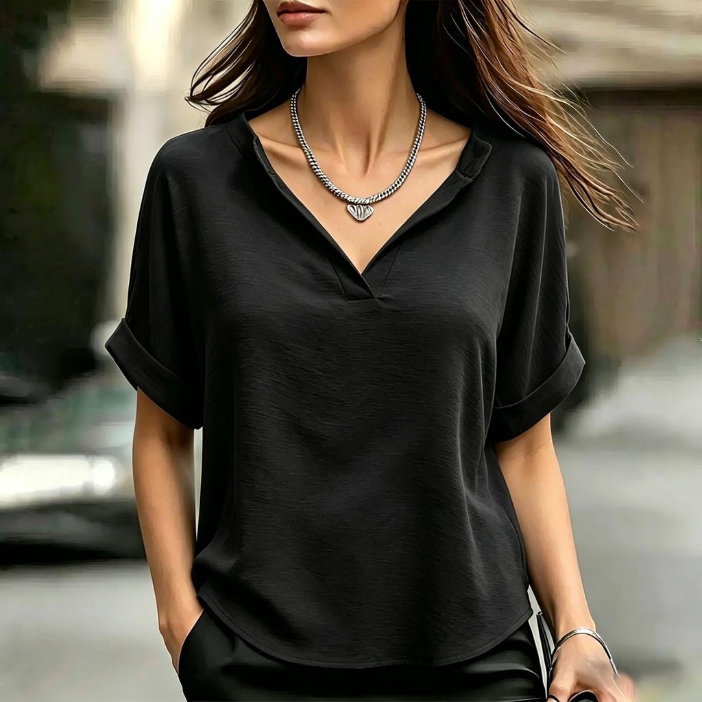 Women V Neck Short Sleeve Loose Fit T Shirt Casual Basic Lightweight Blouse with Rolled Cuffs for Daily Wear Work Travel