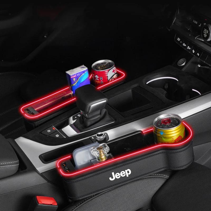 For Jeep Car LED Lights Seat Gap Storage Box Cup Holder With USB Charging For Jeep Grand Cherokee Wrangler JK Gladiator Compa