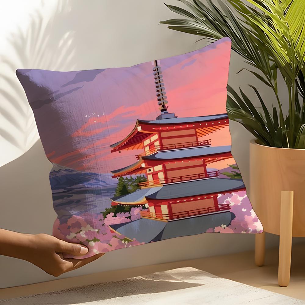 Retro Japanese Pagoda Landscape 1 Pillow Case Linen Cushion Covers For Decorative Sofa Home Pillows Case Car Chair Pillows Cases