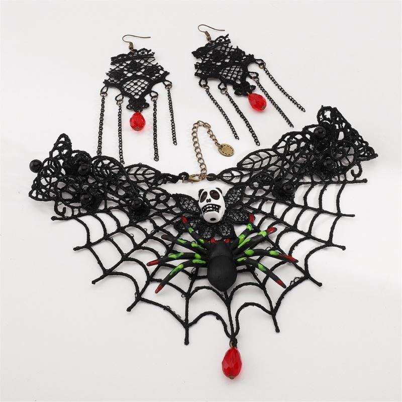 Steampunk Gothic Lace Choker Necklace Rhinestones Earrings Halloween Costumes Jewelry Women for Wedding Cosplay Party