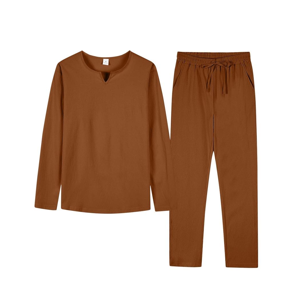 Men's Summer Cotton Linen Color Loose V-Neck Long-Sleeved Top Trousers Suit