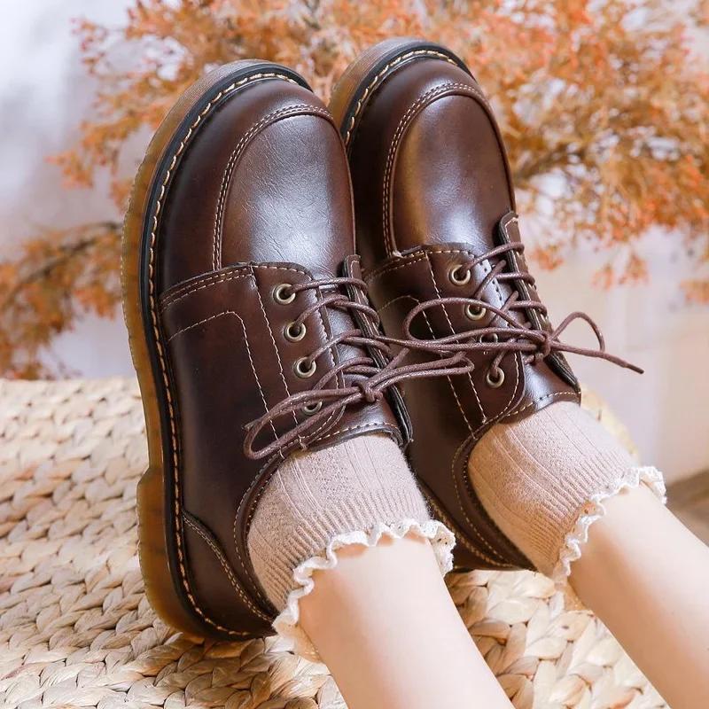 British-style Women's Leather Shoes Retro Brown Preppy JK Uniform Shoes College Students Casual Shoes Low Heels Lace-up Loafers