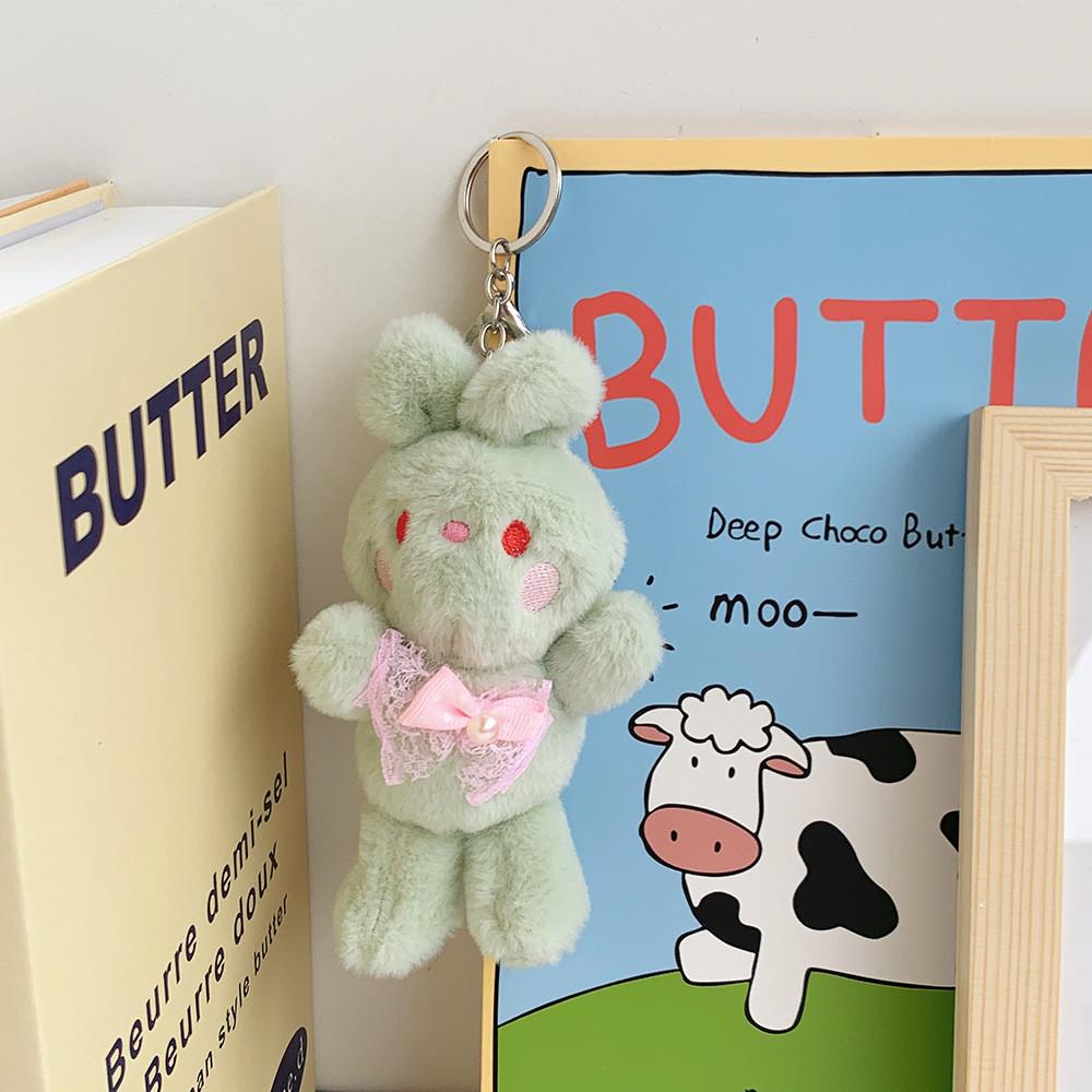 Adorable Bunny Plush Keychain Cute Bowknot Rabbit Stuffed Toy In Pink And Green