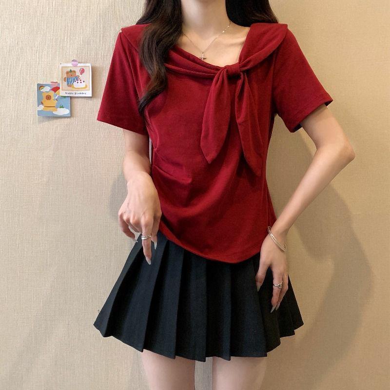 Navy Bow Collar Plus Size Short Sleeve T-Shirt - Women's Loose Fit Summer Top